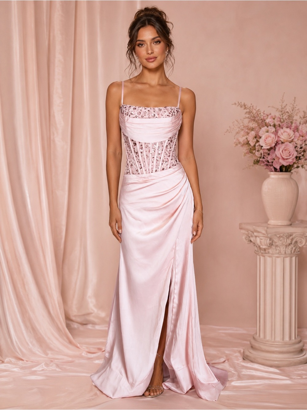 Women’s wedding formal Dress Blush Pink Sequin Corset Satin Maxi Gown Size 2 NWT